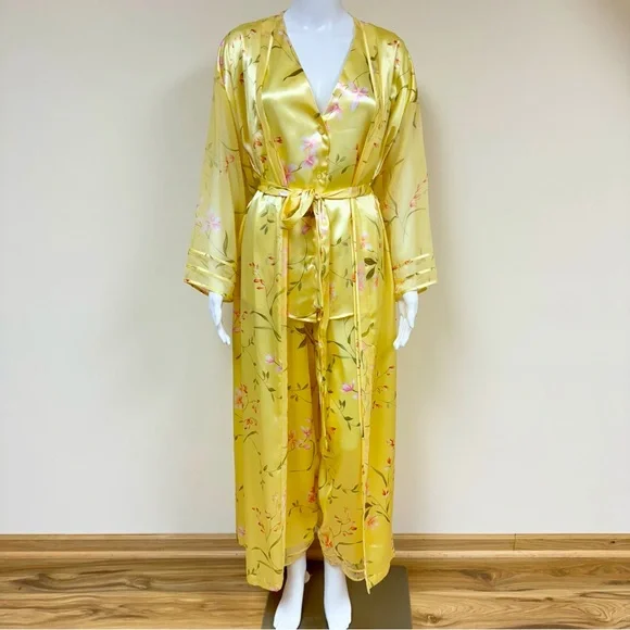Oscar de la Renta Pink label Peignoir Top Kimono Robe Pant set Floral Print L - Picture 3 of 17